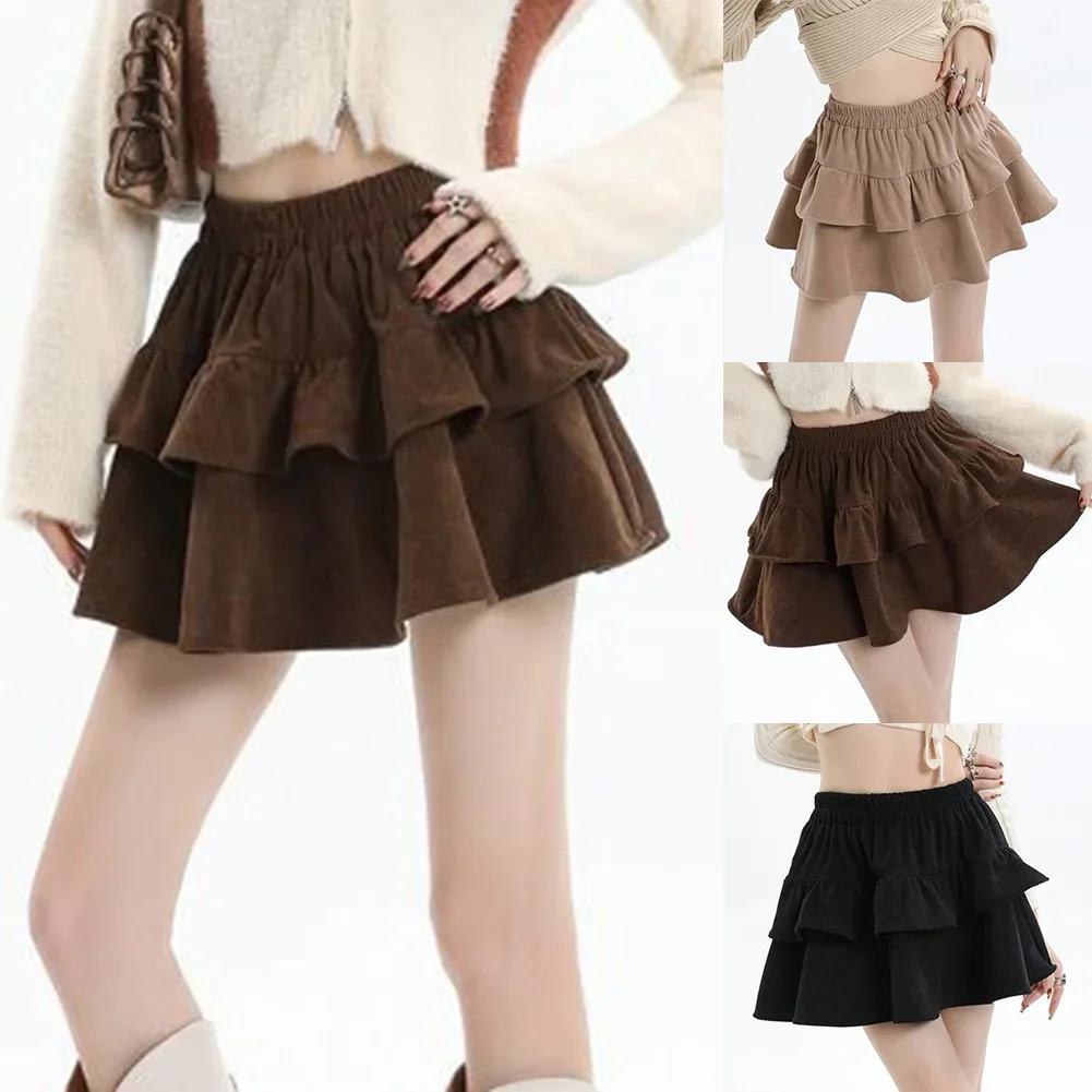 Anti Exposure Fluffy Skirt Cuteore Pleated Skirt Corduroy Skirt Solid Color Spring Autumn Winter Commuting Wind
