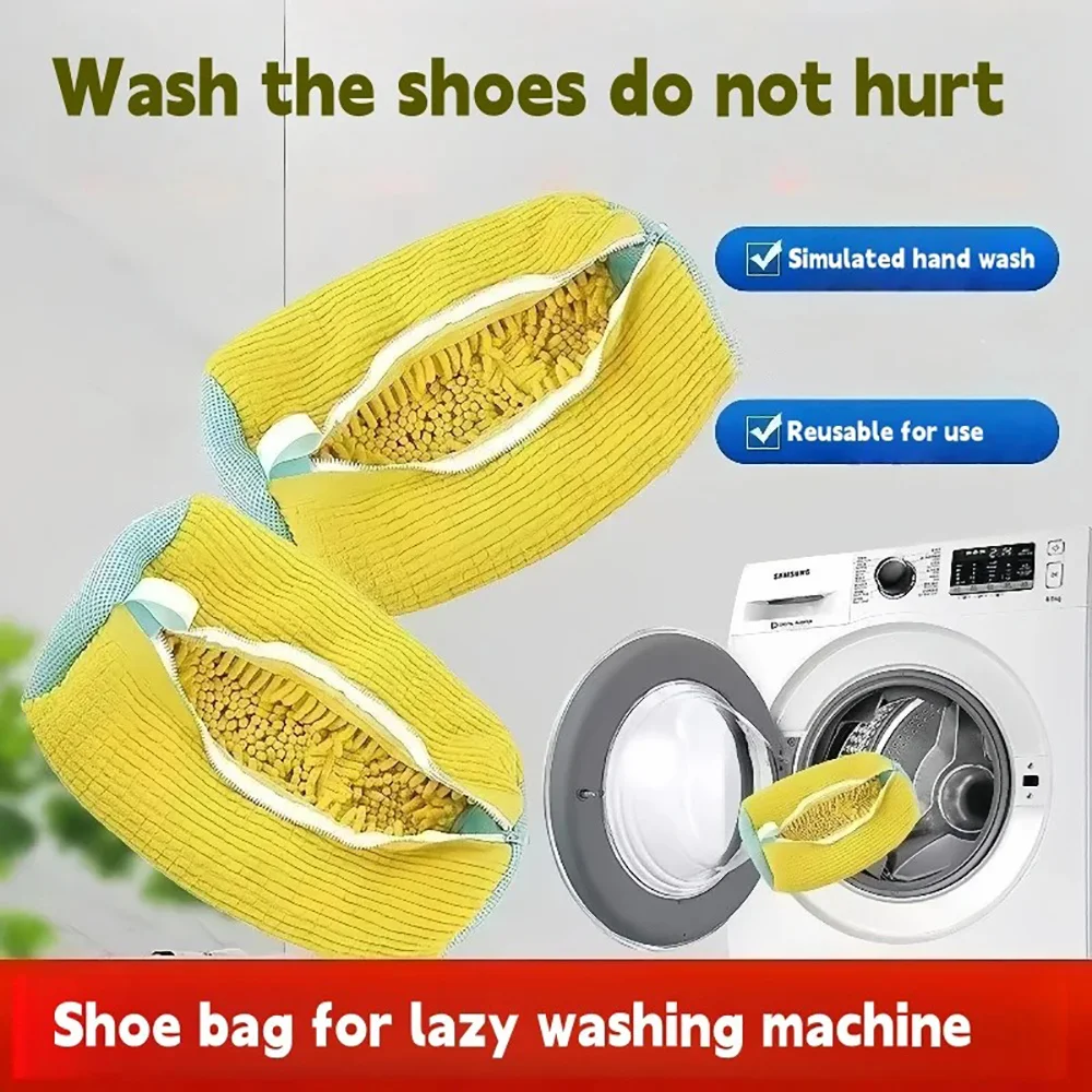 Fluffy Fiber 360 ° Surround Cleaning Shoe Washing Bag - Reusable Durable Machine-Washable Laundry Bag with Zipper Closure (1Pc)