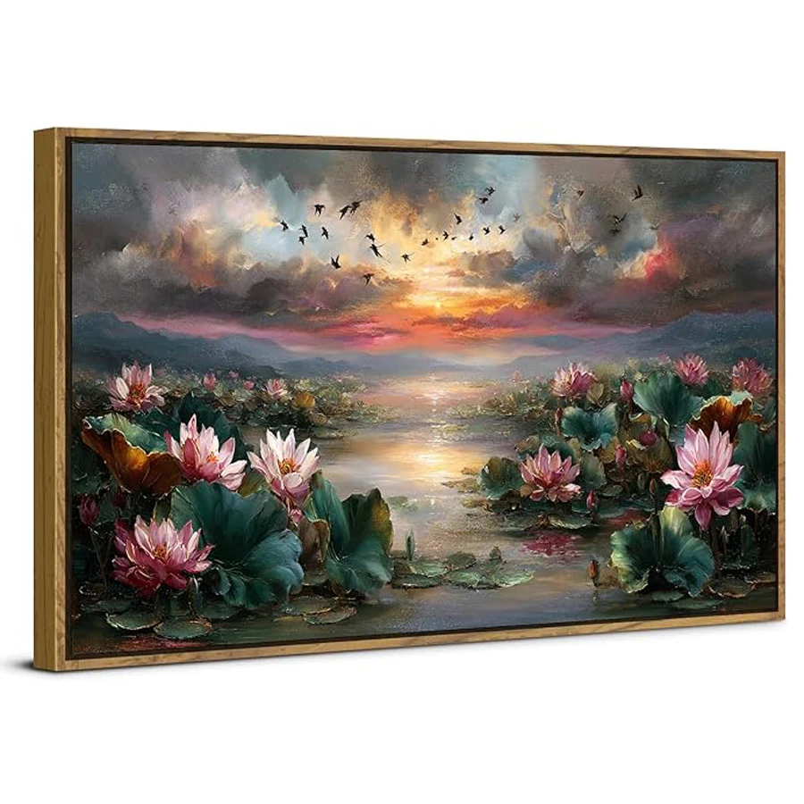 Vintage lotus pride diamond painting kits scenic wall decoration living room Zen decoration, sunset natural landscape,handmade