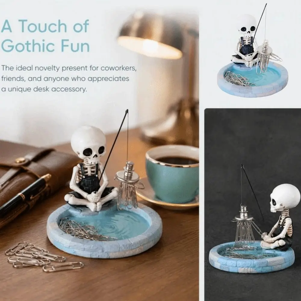 Magnetic Skeleton Fishing Paper Clip Holder Creative Design Pool-shaped base Skull Decor Figurine Resin Fishing Skeleton