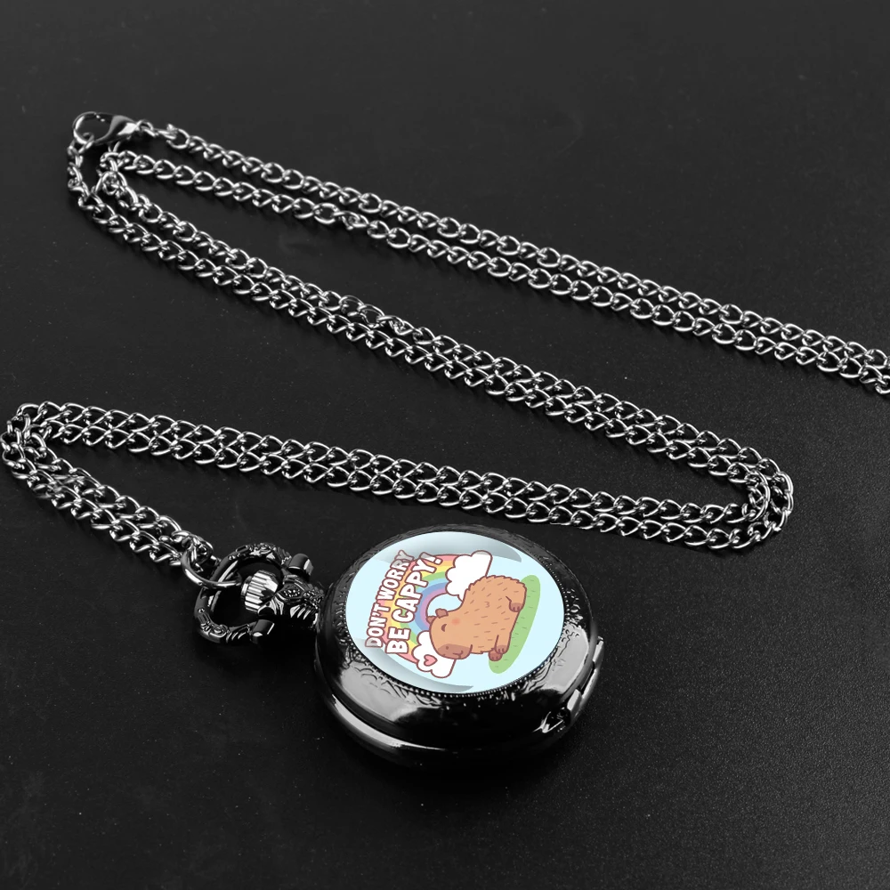 Reloj de bolsillo con cúpula de cristal con diseño de capibara encantador de dibujos animados con collar de cadena, relojes con colgante de cuarzo Vintage, cadena de reloj para hombres y niños