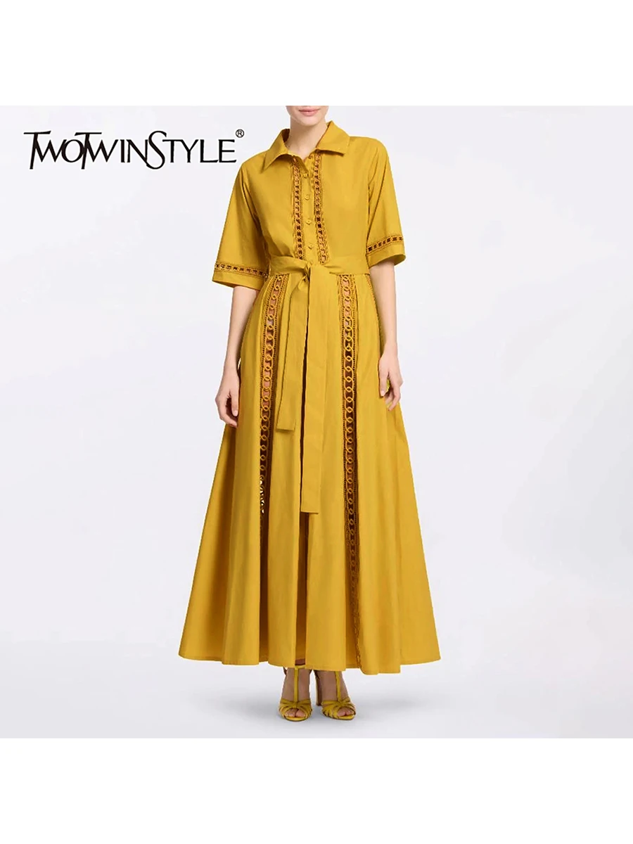 

TWOTWINSTYLE Hollow Out Spliced Single Breasted Fashion Dresses for Women Lapel Short Sleeves Patchwork Lace Up Dress Female New