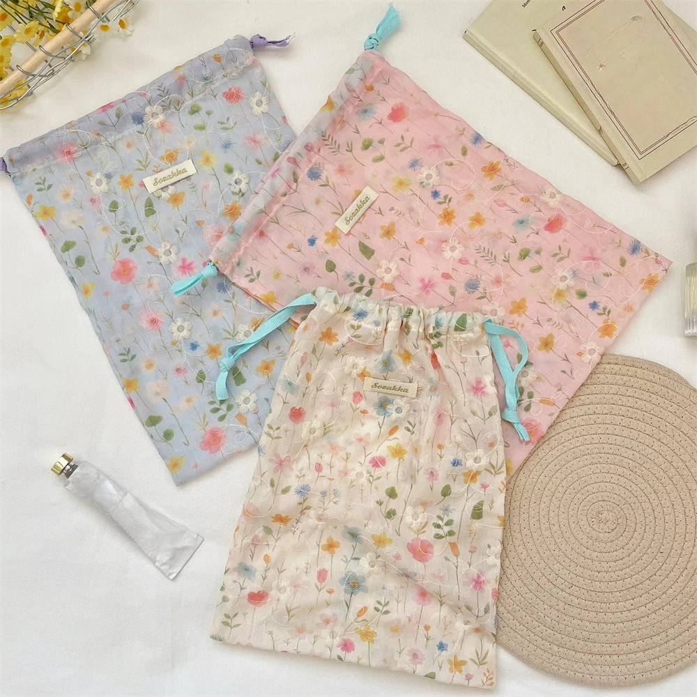 New Floral Embroidery Women Makeup Bag Pouch Portable Toiletries Cosmetics Storage Organizer Travel Cosmetic Bag Drawstring Case