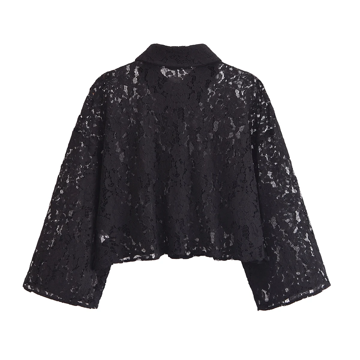 Tangada Women Black Lace Crop Blouse Flare Long Sleeve Chic Female Lady Tops QD074