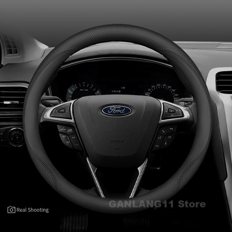 

Leather Car Steering Wheel Cover For Ford EcoSport Ranger Explorer F-150 F-250 Series Territory Focus 2025 Auto Accessories