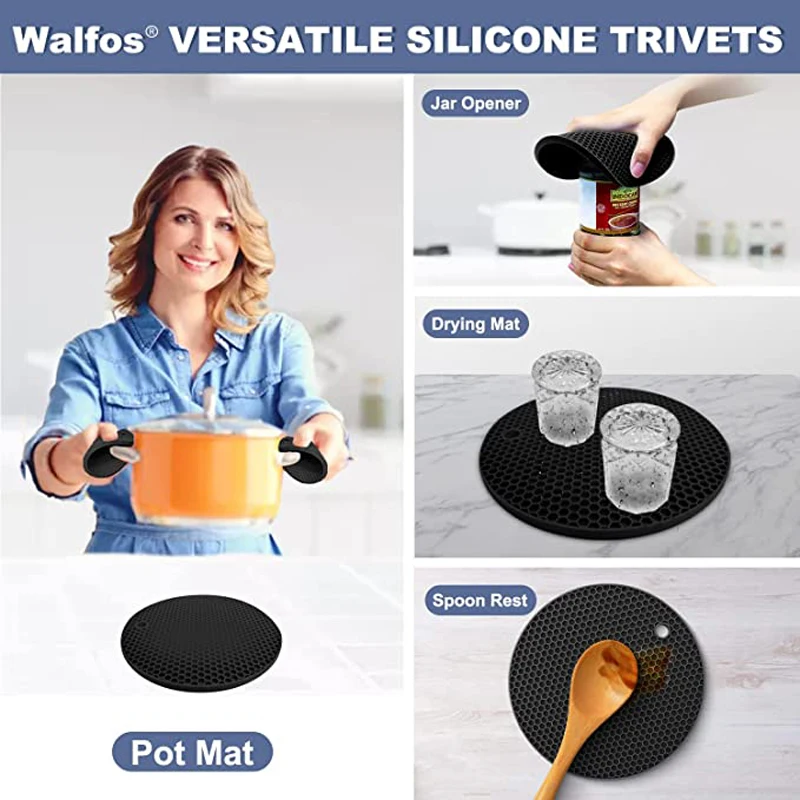 Walfos Silicone Trivet Mats Heat Resistant Pot Holders Set Multipurpose Non-Slip Hot Pads for Hot Pot Hot DishersJar Opener