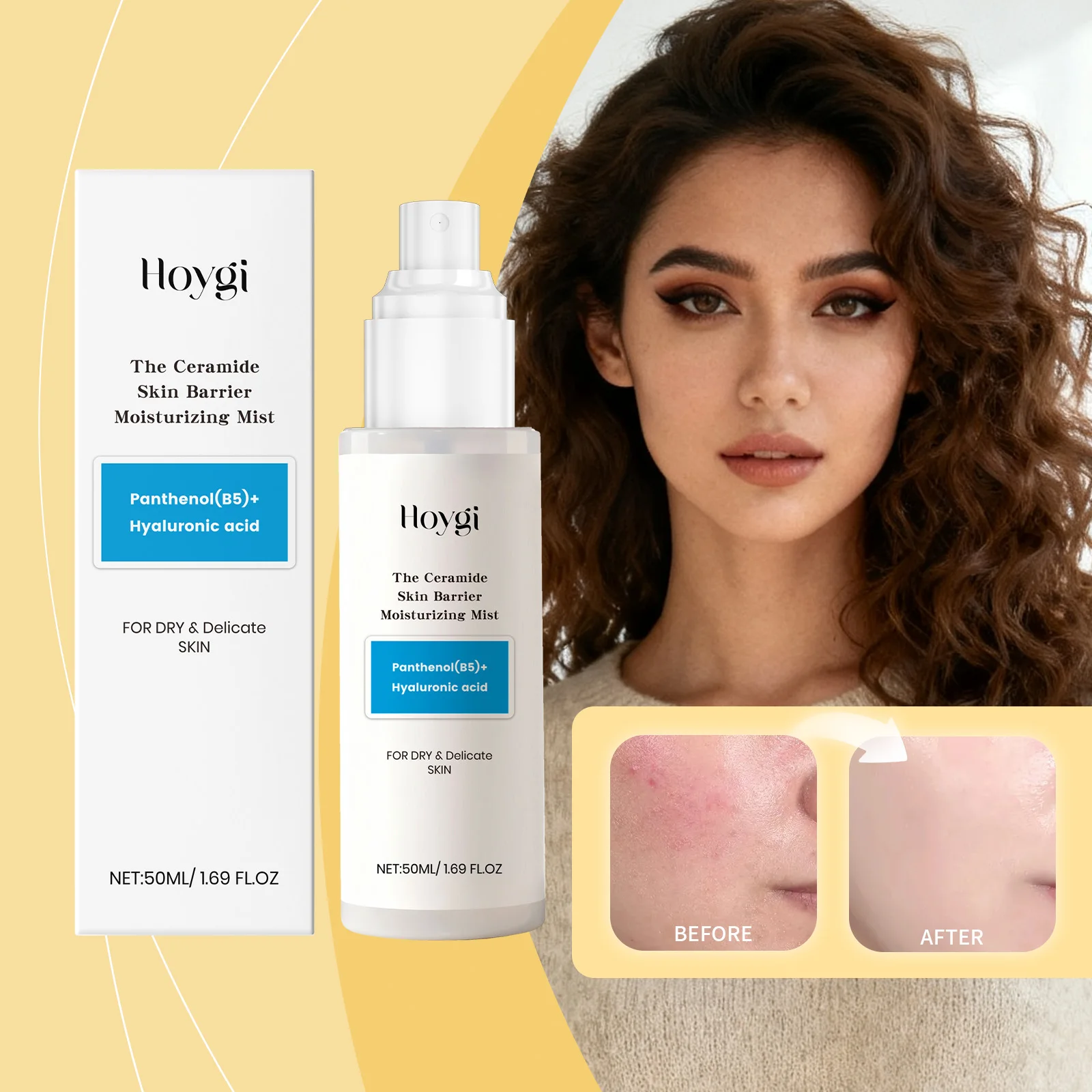 Hoygi حمض الهيالورونيك سيراميد B5 رذاذ ترطيب الوجه للبشرة الجافة الحساسة لطيف مغذي منعش السيطرة على النفط