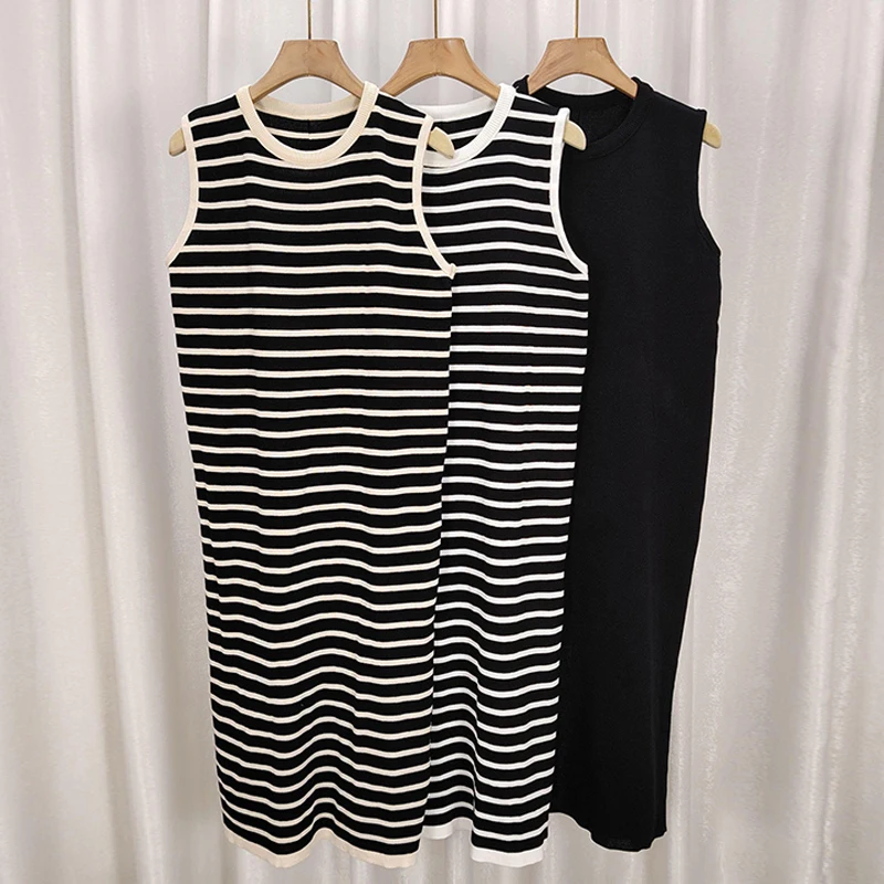 

Women Striped Round Neck Sleeveless Casual Summer Long Dress