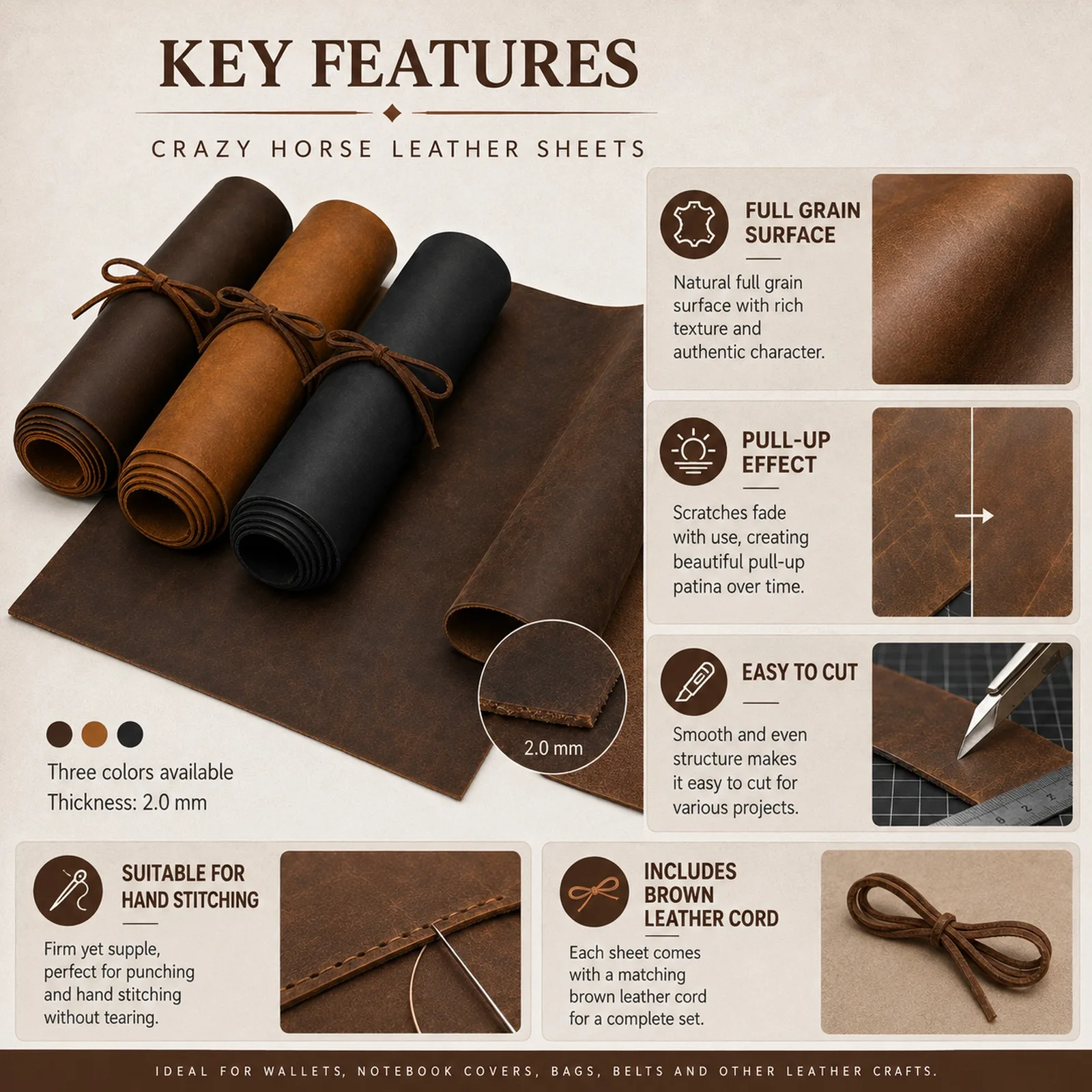 Paquete de 3/1 Unidades de Láminas de Cuero Genuino de Vaca Crazy Horse de 2.0mm, Cuero Encerado con Efecto Pull-Up para Carteras, Bolsos, Fundas y Proyectos de Costura Manual DIY