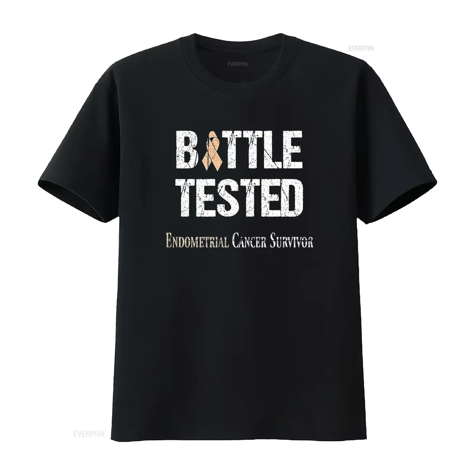 Womens T Shirt Endometrial Cancer Awareness Battle Tested Black 2XL vintage Washed graphic streetwear Stretched Stylish