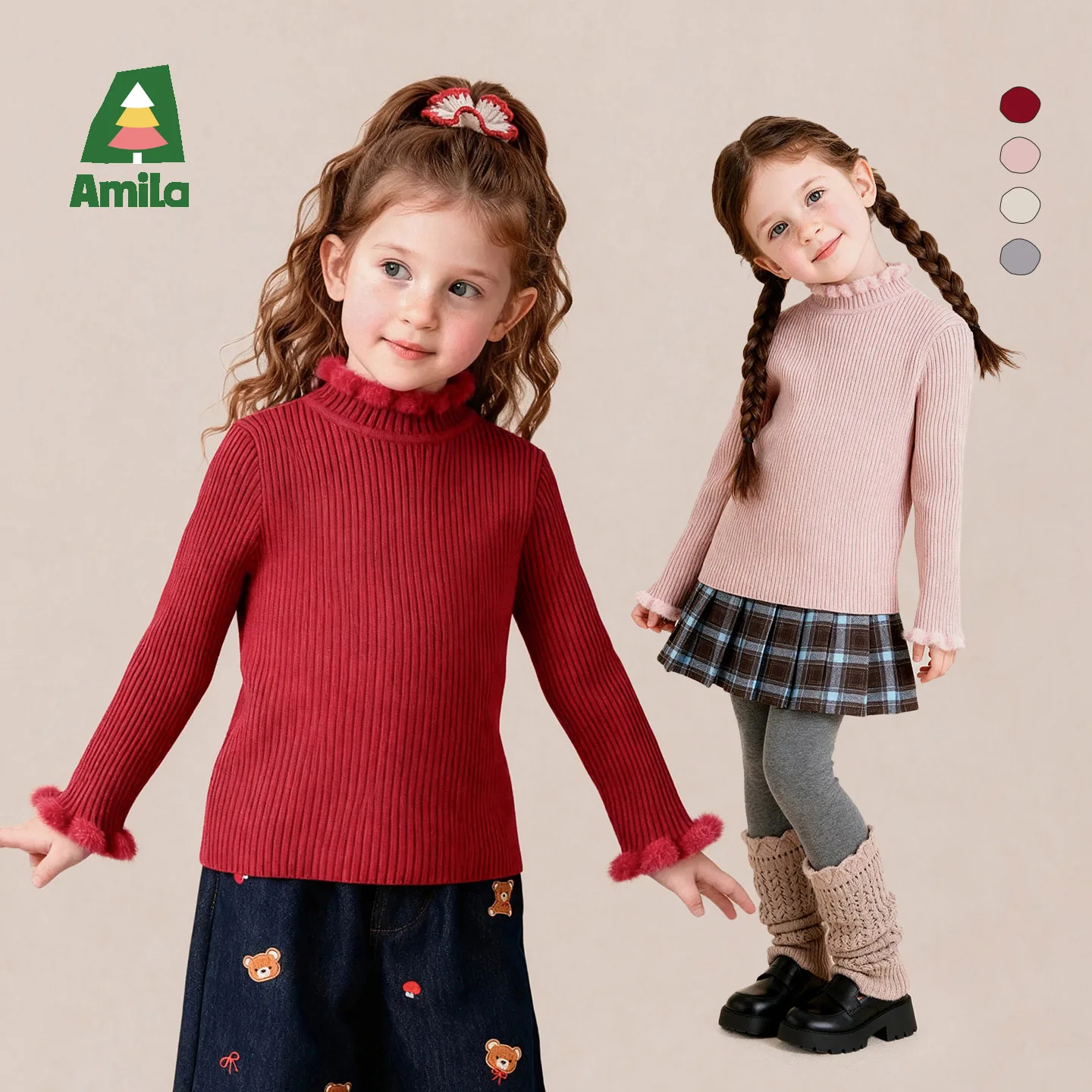 Amila 2026 Winter New Kids Sweater Half Turtleneck Solid Color Fleece Lined Warm Thermal Extra Soft Cozy Daily Knitted Top