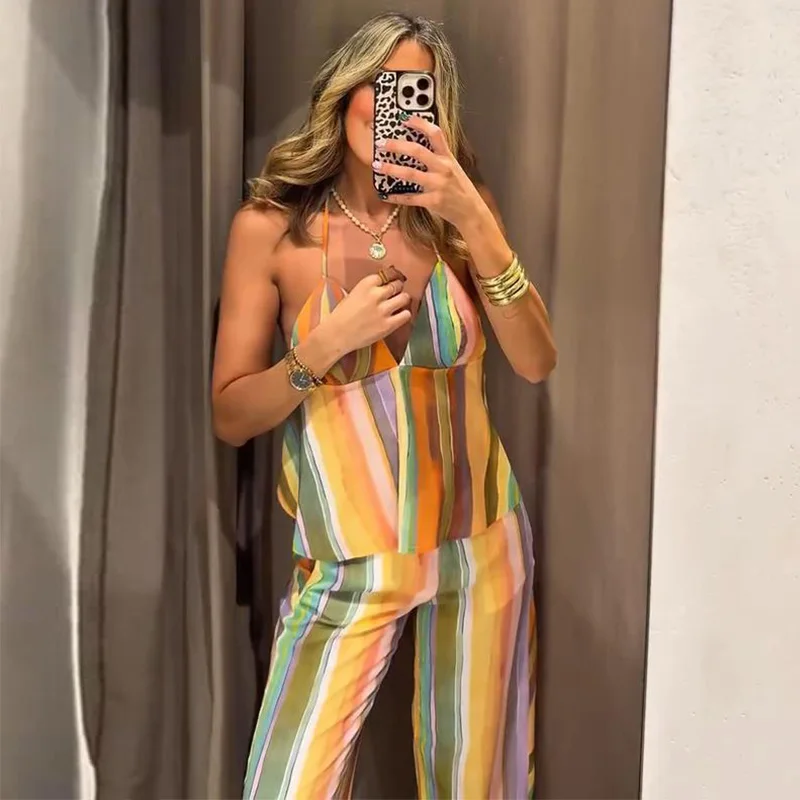 Gestreifte V-Ausschnitt Rückenfreie Crop-Tops und Hosen-Sets für Damen, Sexy Ärmelloses Schnür-Top, Midi-Taille, Weite Hosen, Schicke Damen-Outfits – Detail 5