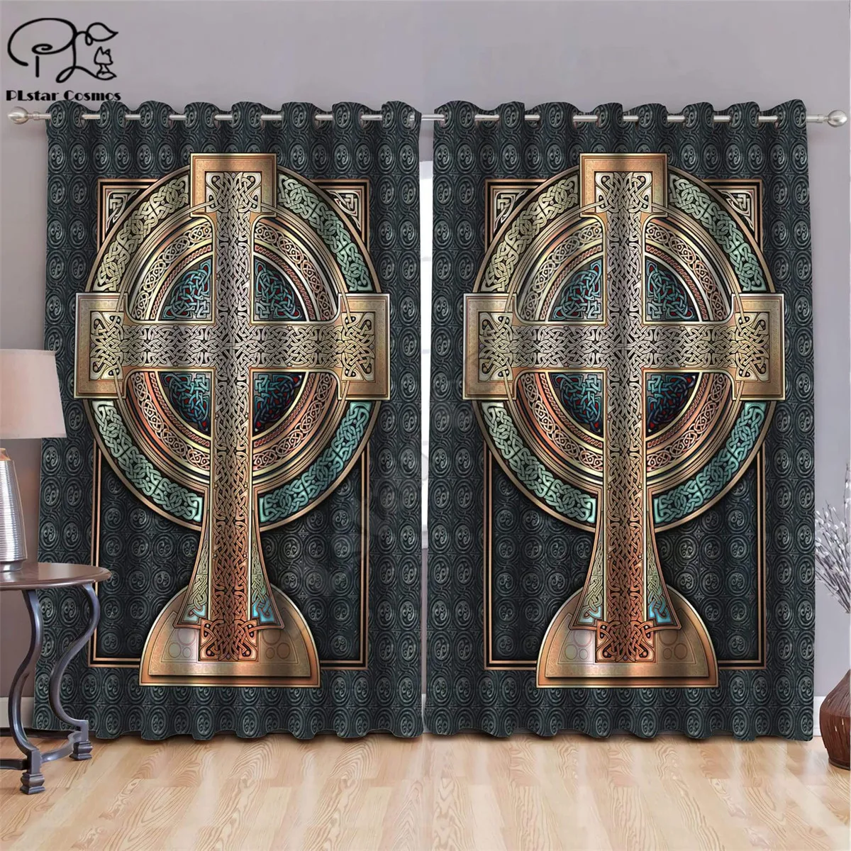 Celtic All Over Printed Window Curtains Room Bedroom Home Decoration Sunshade Curtains 2 Pieces of Piercing