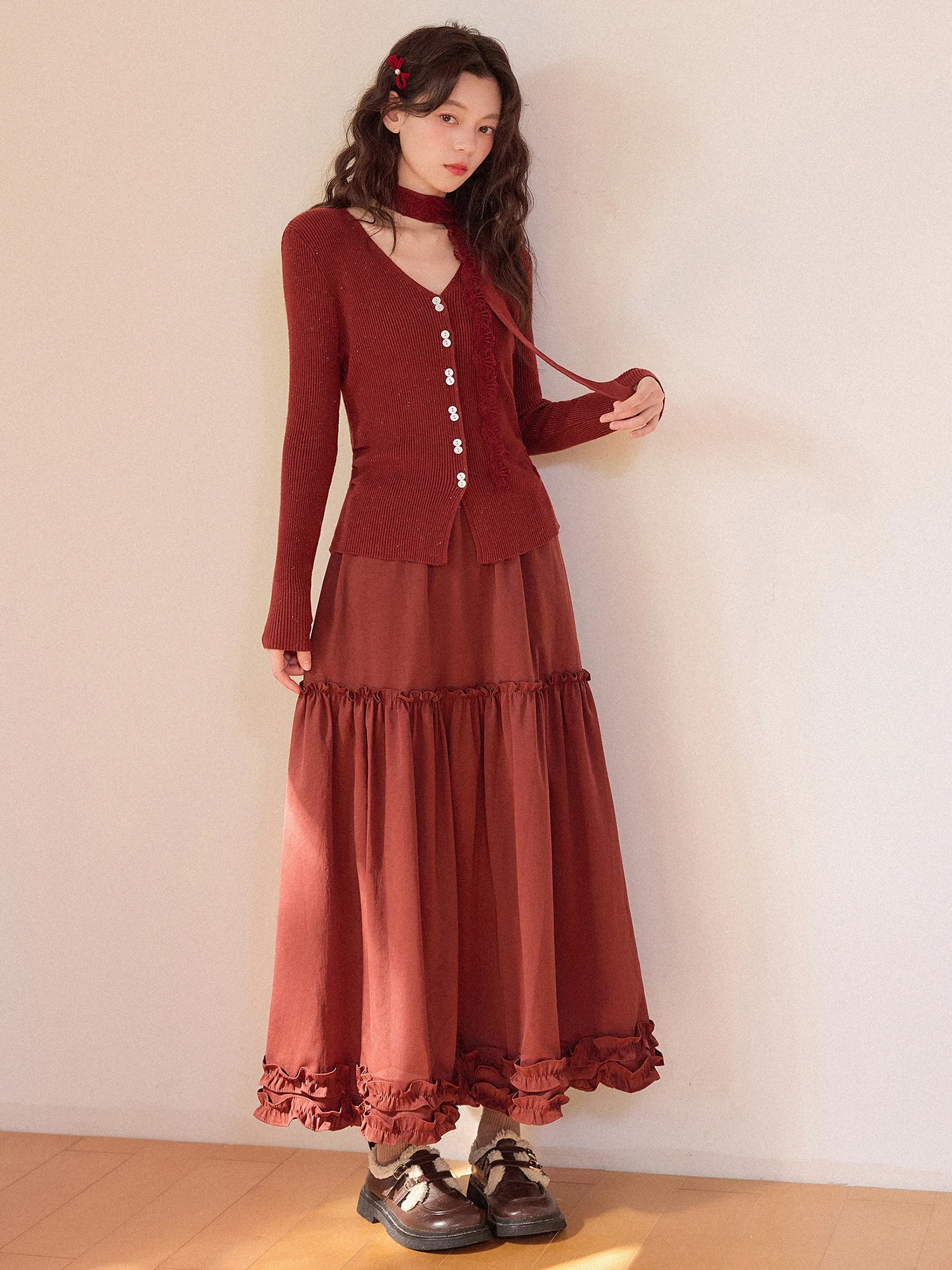 

Tee-Inch Lotus Netie Knitted Sweater Long Sve Red Vintage Iceberry Sugar Casual Slim Fit Polyester Fiber Spring New Sle