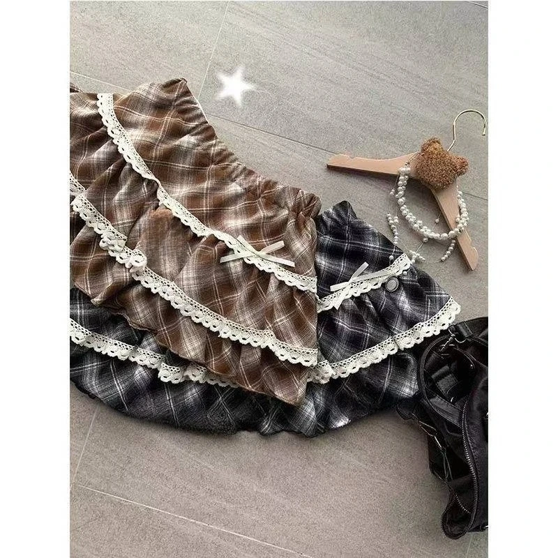 Autumn Woman Vintage Plaid Cake Shirt Spicy Girls Harajuku Sweet Y2k Mini Skirt Japanese Style Fashion Lace Skirt Chic