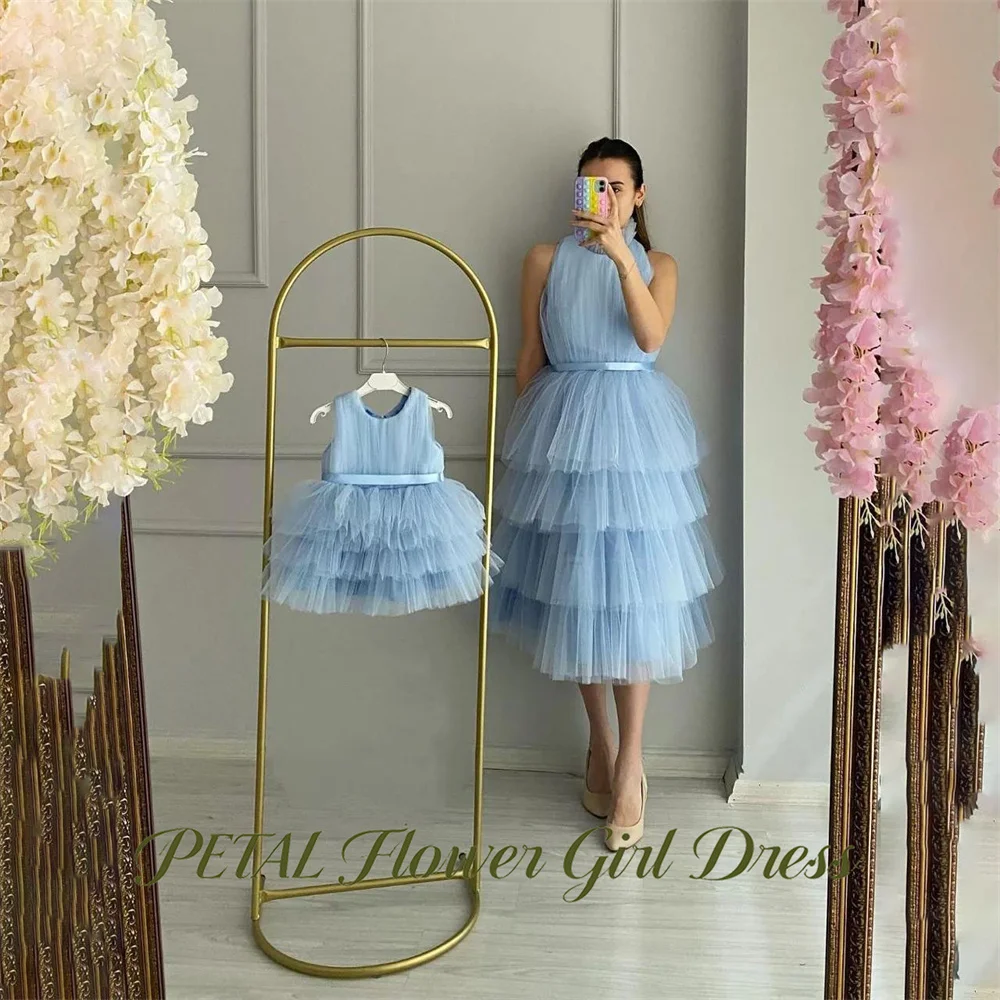 Petal Light Blue Princess Girls Dress Sleeveless Ball Gown Party Tutu Dresses Waistband with Bow Modest Tutu Fluffy Prom Gown