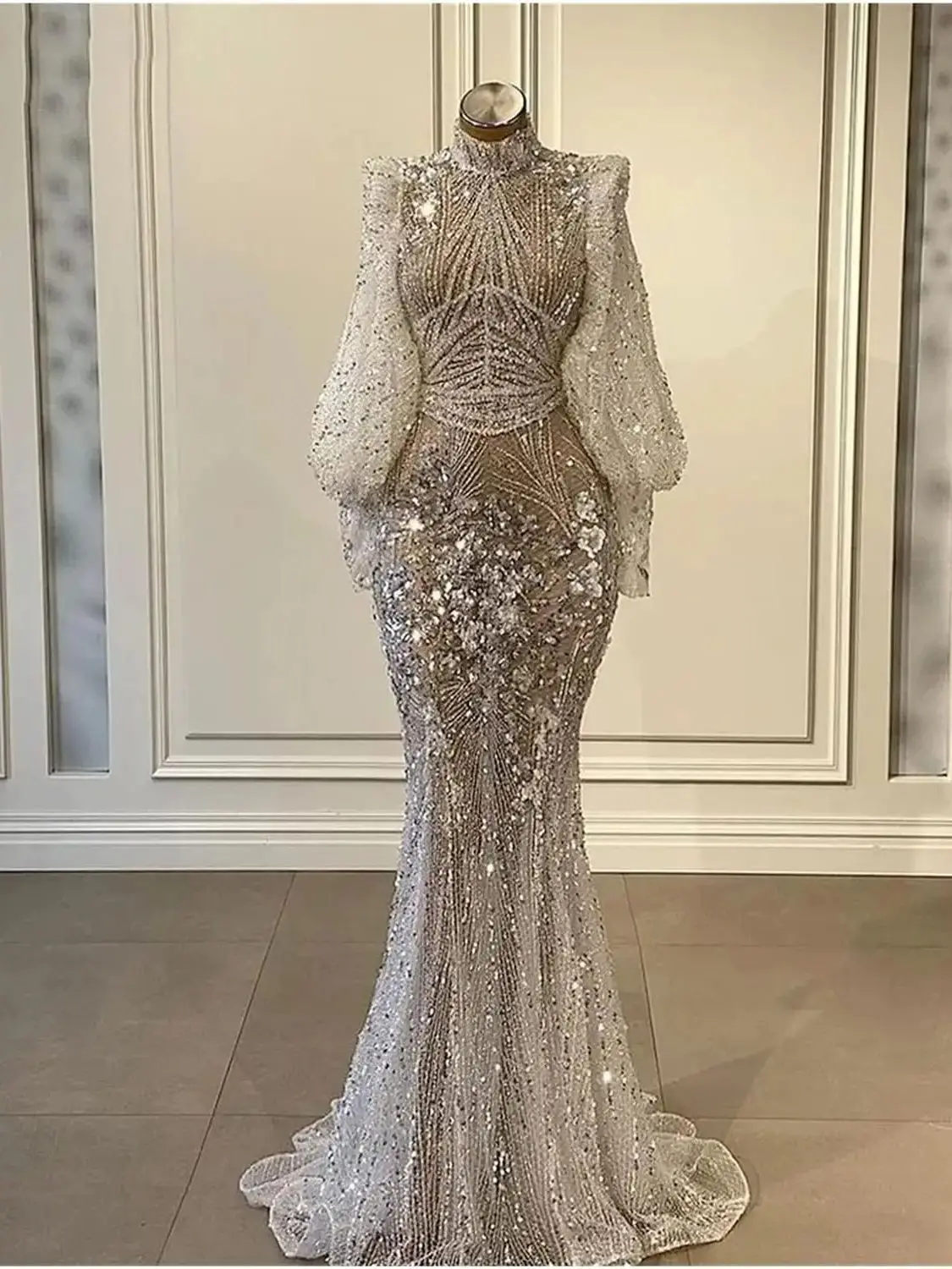 Romantic Silver Mermaid Luxury Evening Dresses 2023 Lantern Full Sleeves Beaded Elegant Gowns 2023 For Women Party