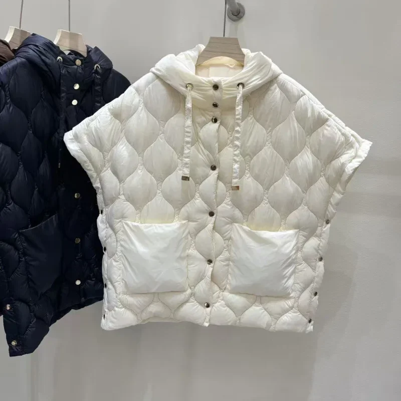 Frauen Weiße Ente Unten Lose Warme Weste Weibliche Einreiher Tasche Weste Outwears Herbst Winter Chic Feste Kapuze Unten Weste