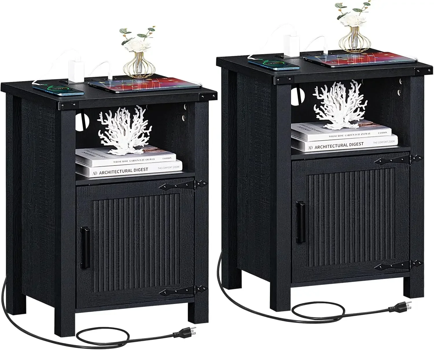 [سعر مخفض، حار بيع! ]مجموعة حامل ليلي مكونة من 2، منضدة مزرعة مقاس 18 بوصة مع قاعدة شحن ومنفذ USB، ريفي