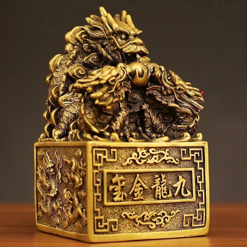 Feng Shui Copper Nine Dragons Gold Seal Ornament Brass Dragon Home Living Decoration
