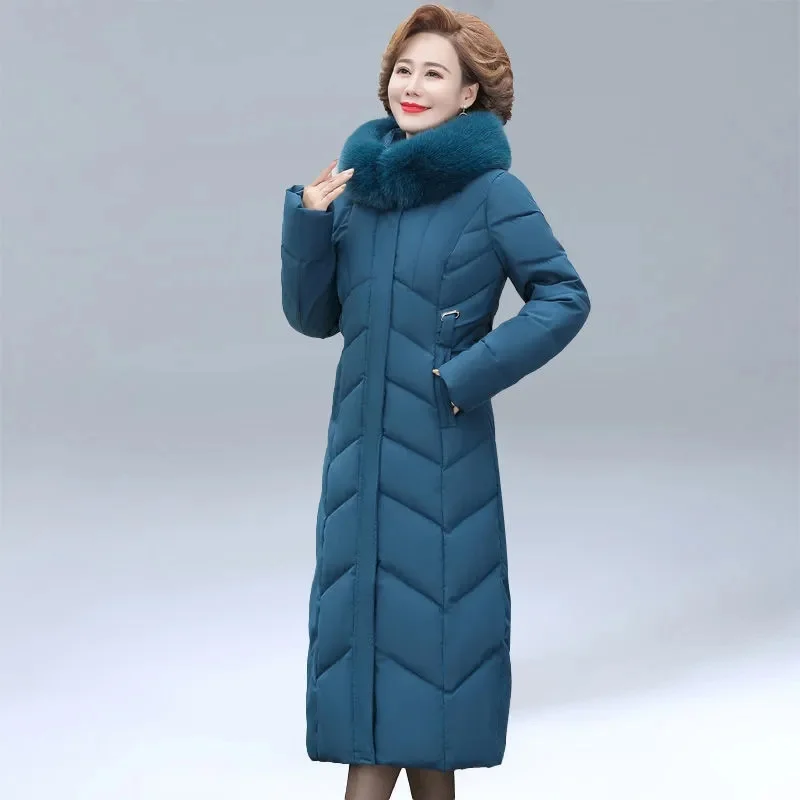 Hooded Fur Collar Down Cotton Jacket Women Winter Clothing New Middle-Aged Mother Mid-Long Thicken Coat Warm Female Parkas 8XL