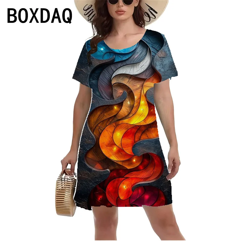 Women 3D Colorful Gradient Fashion Street Personality Dress Summer Short Sleeve O-Neck Casual Dress New Hot Selling Lady's Dress