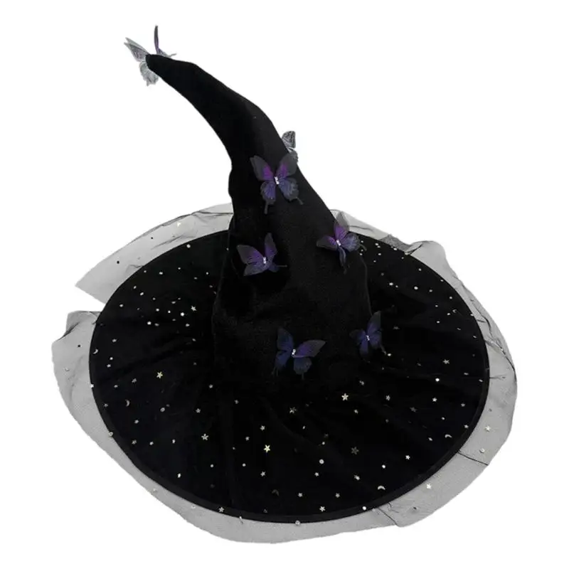 652F قبعة ساحرة الهالوين مجعدة قابلة للانحناء مع زي تزيين الفراشة