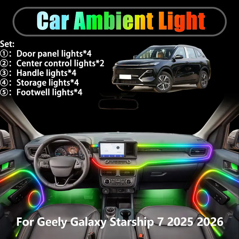

For Geely Galaxy Starship 7 2025 2026 SUV 2/18 in 1 Car ambient lighting Led trunk interior led lights USB RGB Ensemble Streamer