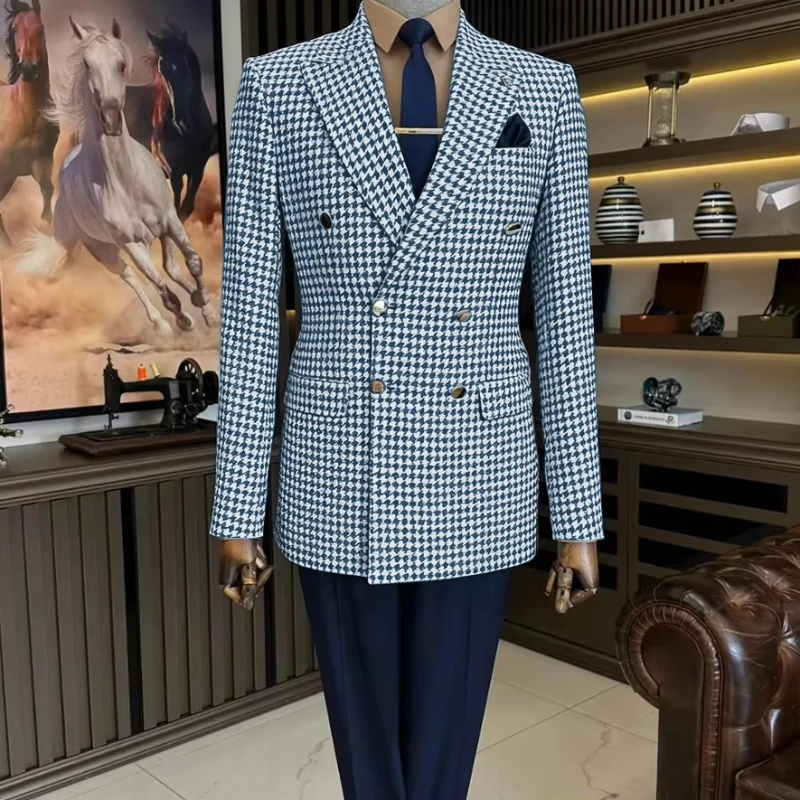 بدلات كلاسيكية بنقشة هاوندزتوث للرجال سترة مزدوجة الصدر منقوشة من التويد الصوفية ملابس رجالية بدلات العريس (معطف فقط)