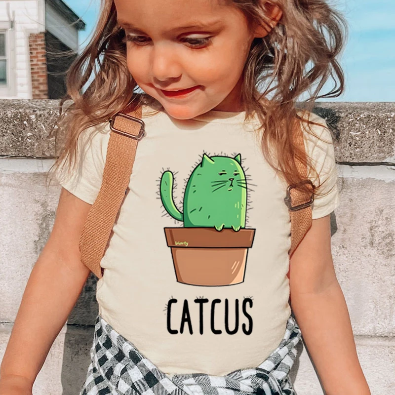 

Funny Catcus Cartoon Graphic Shirt for Cat Lover Baby Girls Boys Fashion Summer Tops New Design Cute Catcus Animal Kids T-shirt