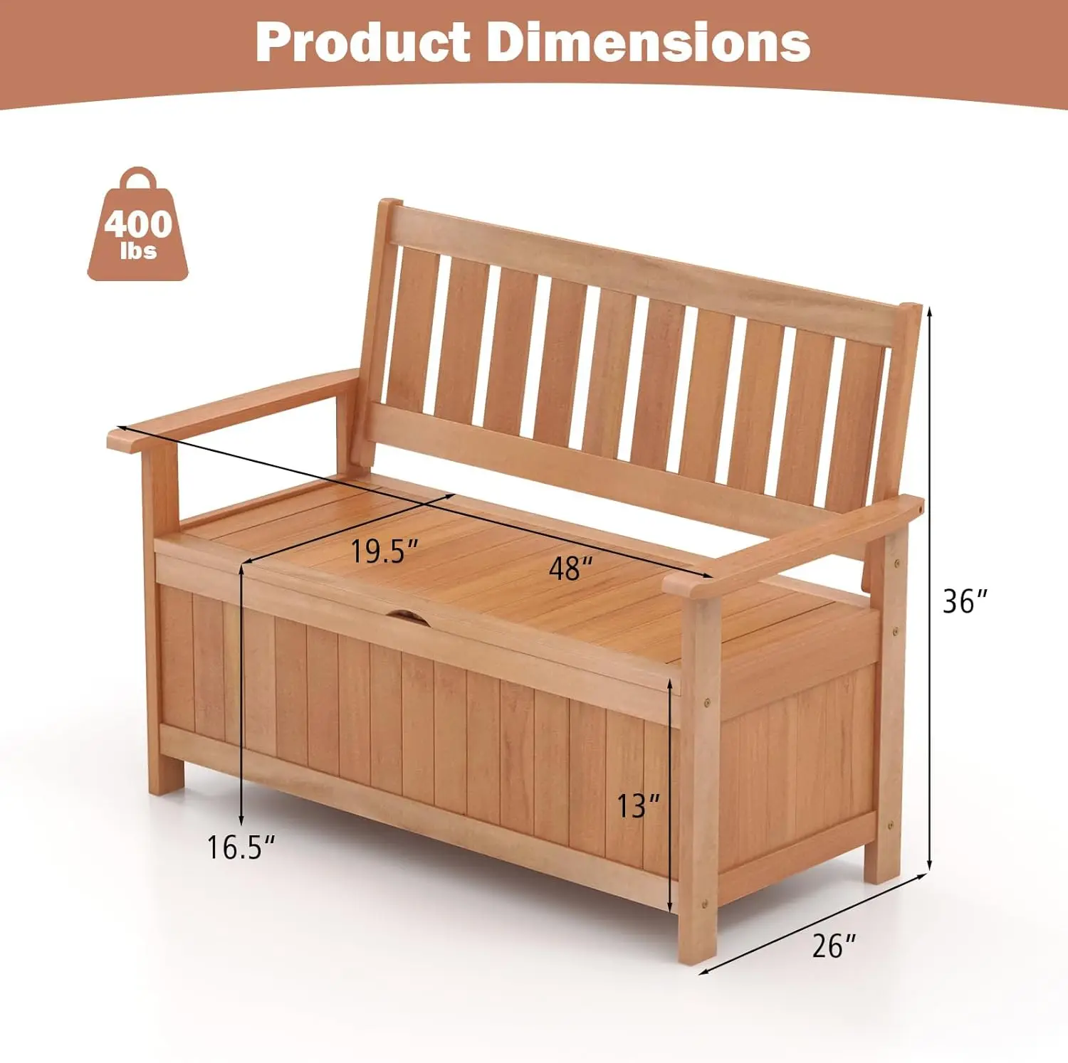 Banc de rangement en bois pour causeuse, grande boîte de pont d'entrée avec arrière-plans à lattes, siège de rangement en bois pour arrière-cour