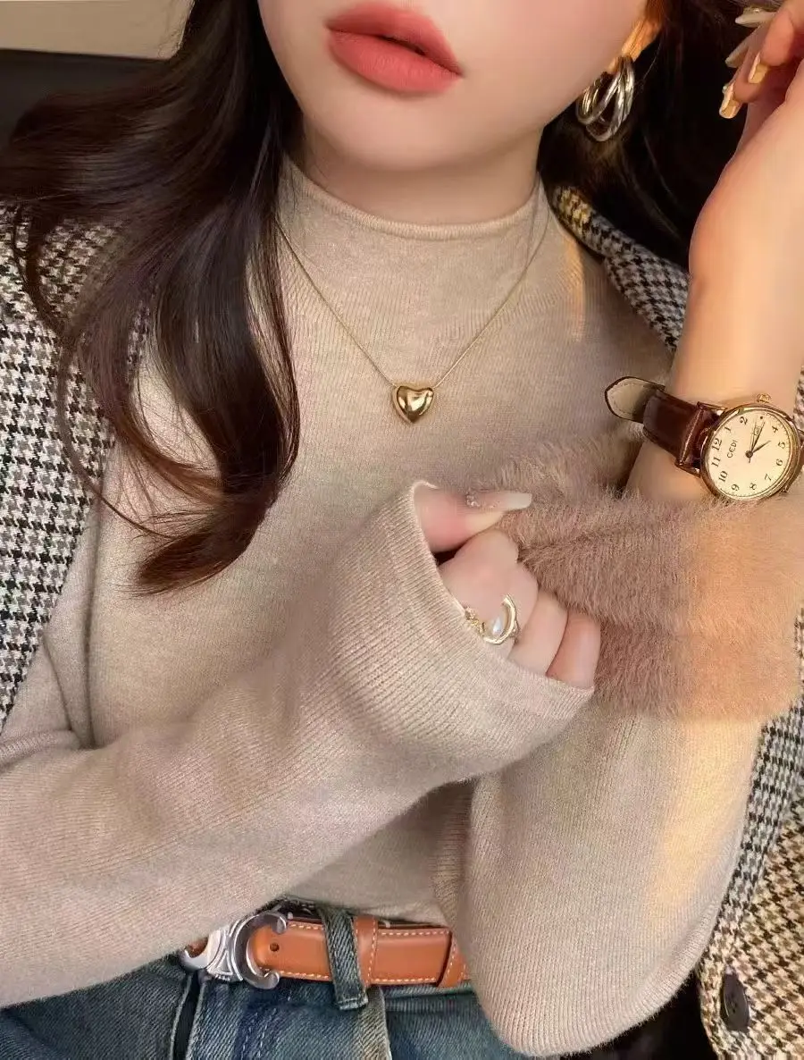 

White Knitted Fleece Lined Half High Collar Sweater Women's Fashion Autumn Winter Inner Wear Base Shirt Integrated Fleece Top