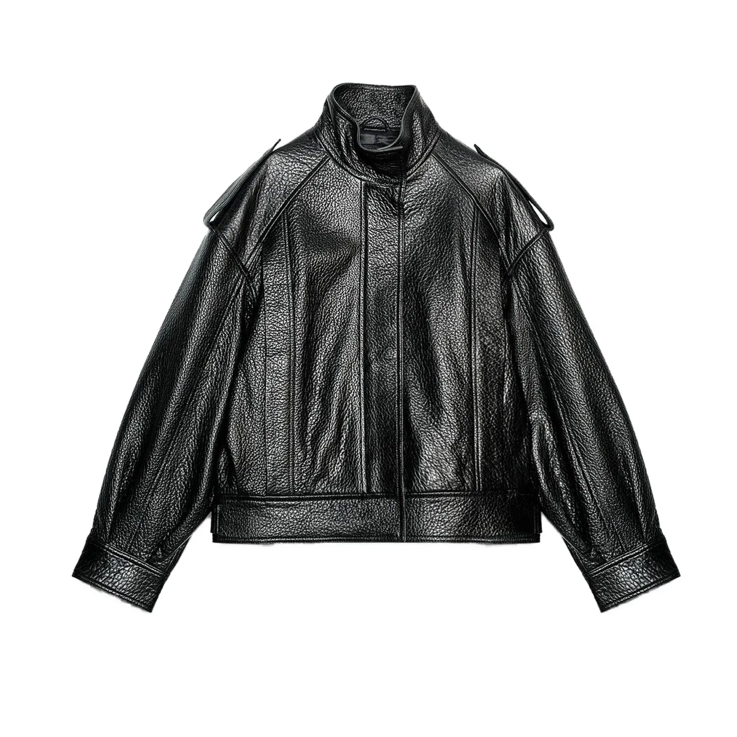 جديد خريف 2025 ياقة عالية طويلة Sve بولي Leather جلد الطيار Jaet ملابس خارجية للنساء تخفيف Sle فضفاضة تناسب سستة إغلاق