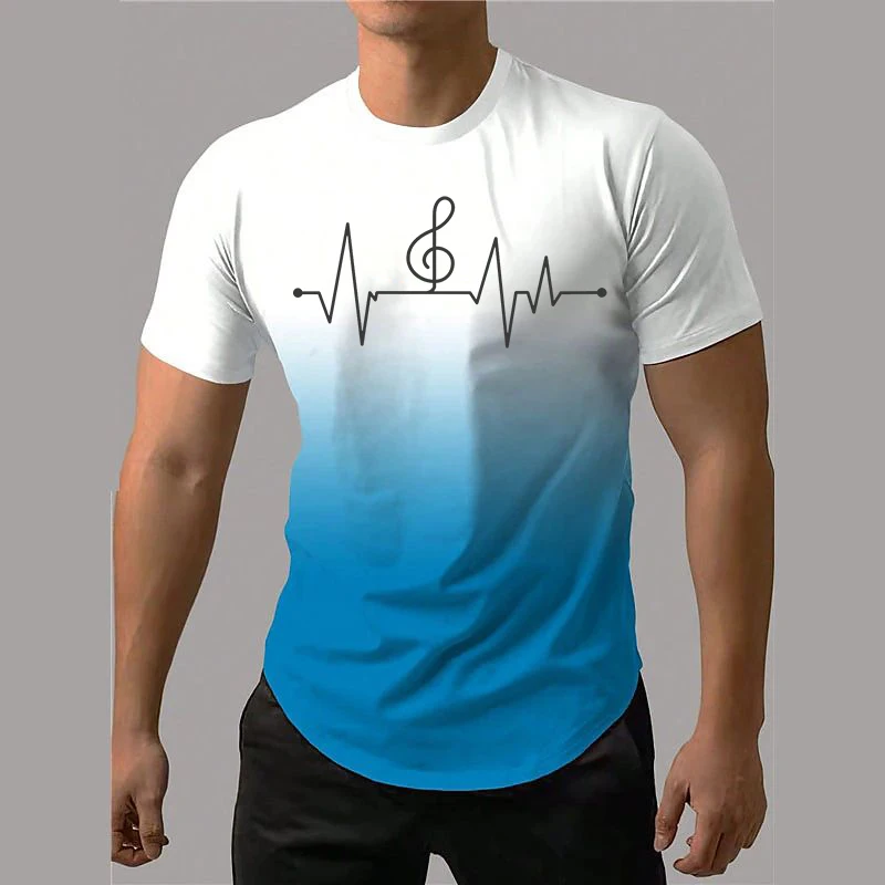 

New breathable large-sized 3D printed gradient music heartbeat fun pattern round-neck top T-shirt for men in summer 2025