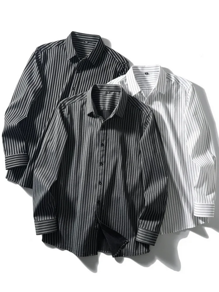 

Новая мужская повседневная рубашка в полоску с длинным рукавом, отложным воротником, дышащая, немнущаяся, не требующая глажки, для весны и осени, деловой повседневный стиль