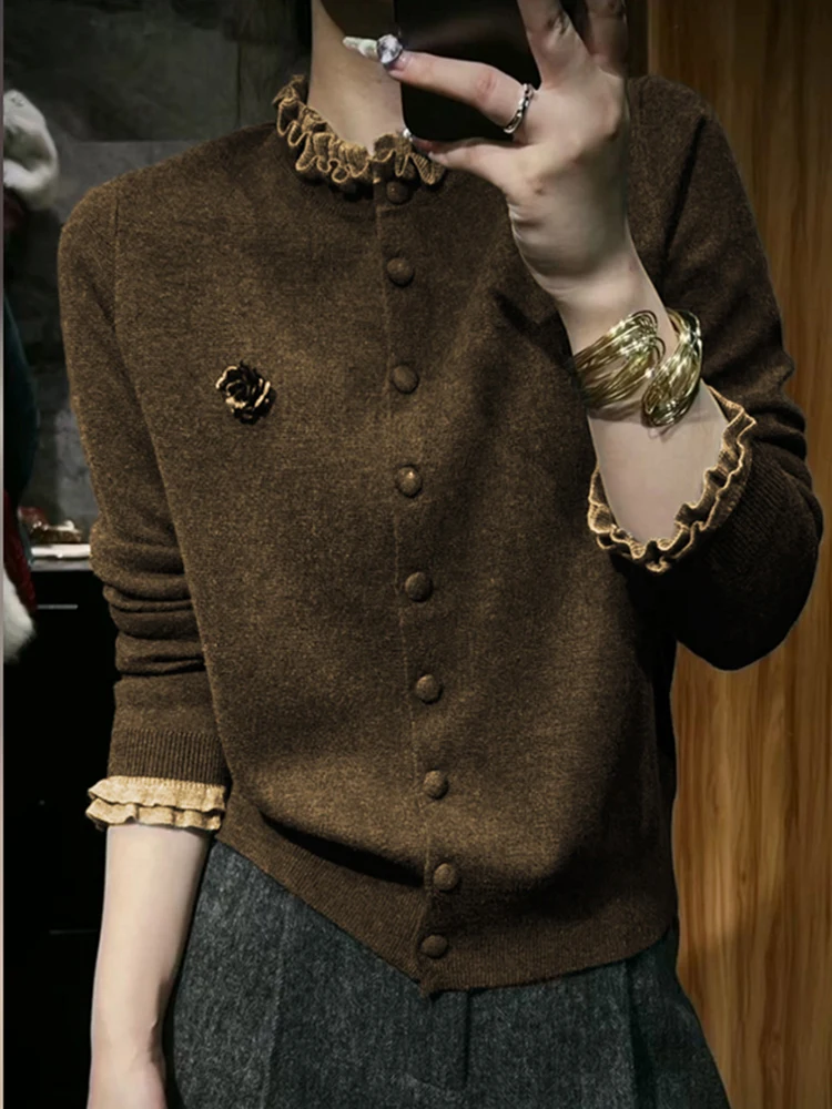 

Карамельный вязаный кардиган для женщин: модный, стройнящий, омолаживающий топ с деревянным узором, удобный для повседневной носки