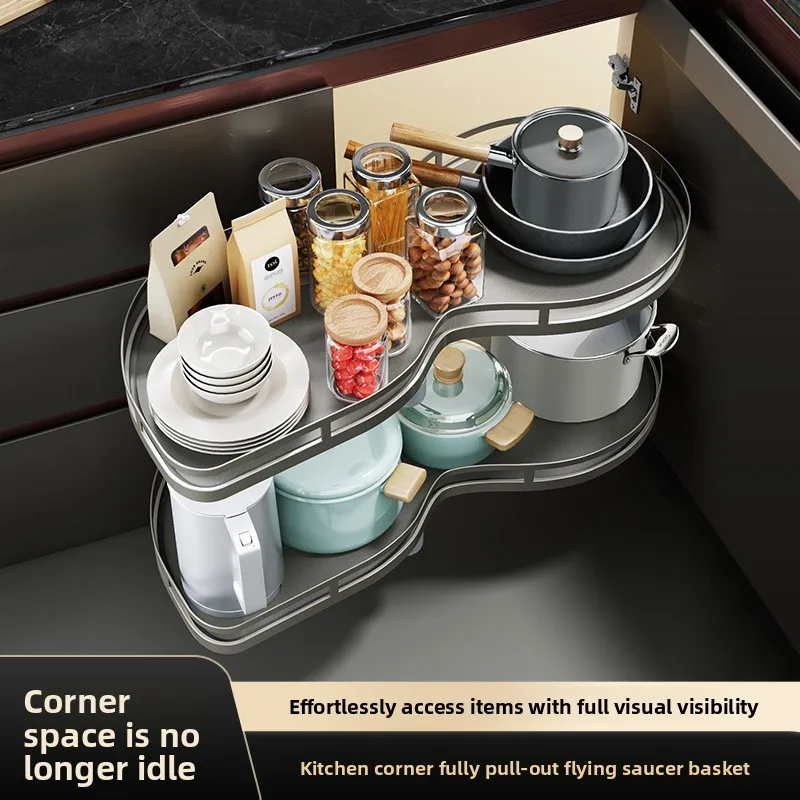 Double‑Layer Corner Pull‑Out Basket, Rotatin Tray, Built‑in Kitchen Cabinet Blind Corner Storage Organizer