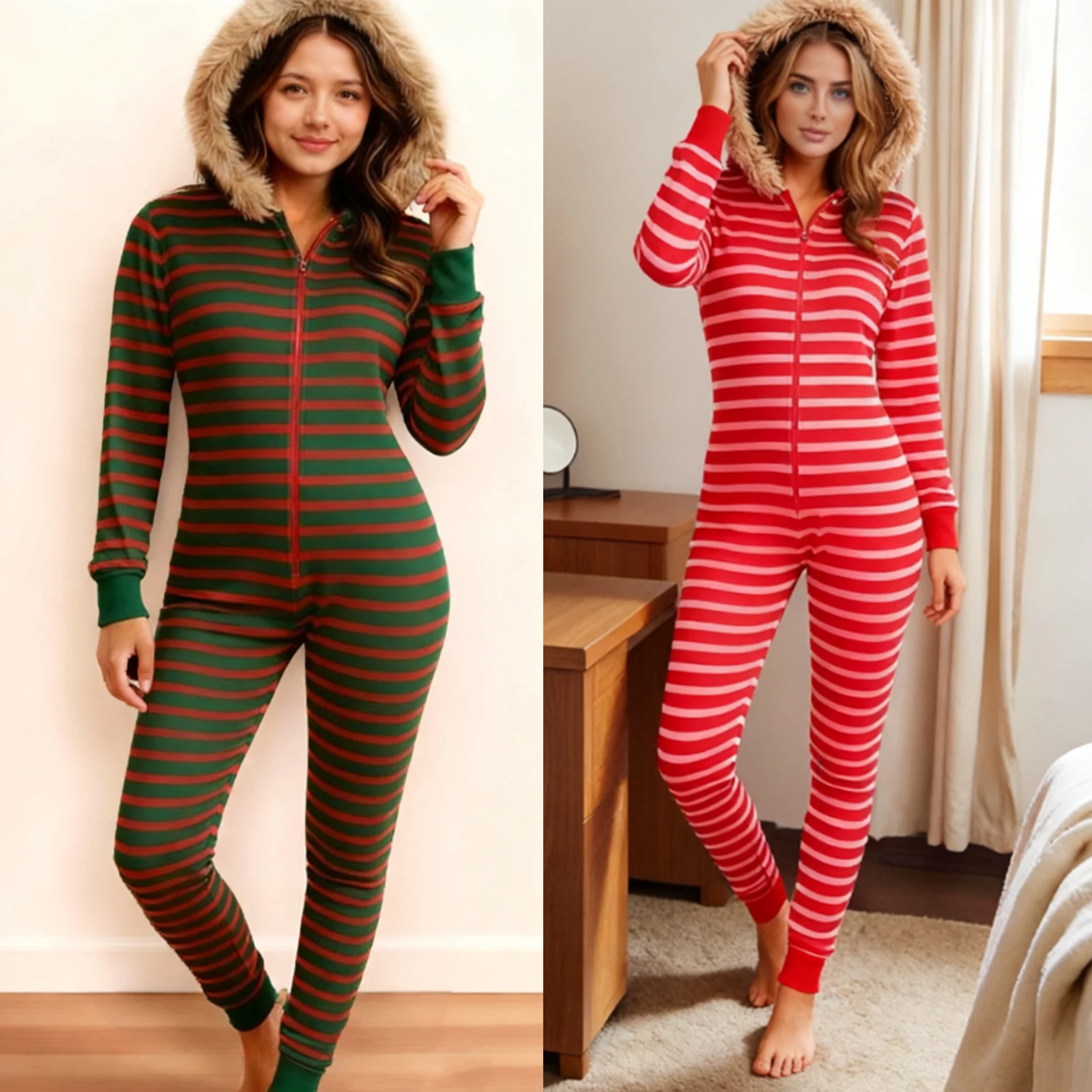 

2026 Women's Hooded Long Sleeve Slim Fit Striped Print Sexy Jumpsuit Sexy Bodycon Pajamas Rompers Playsuits Sleepwear Loungewear