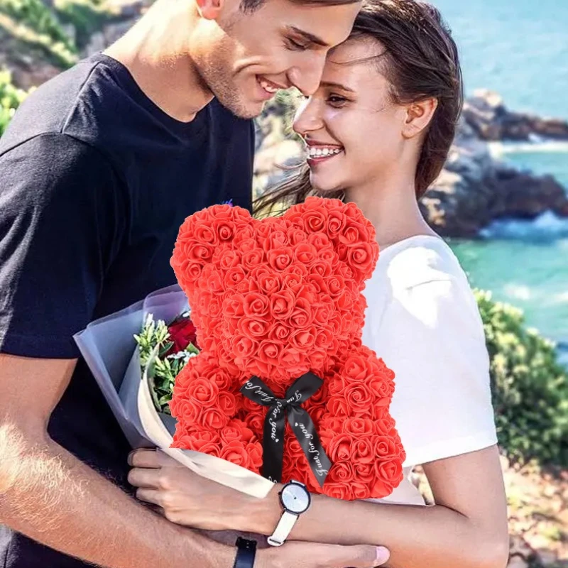 

25cm Artificial Teddy Rose Flower Bear with Box Romantic Valentines Day Gift Girlfriend Women Anniversary Wedding Party Supplies