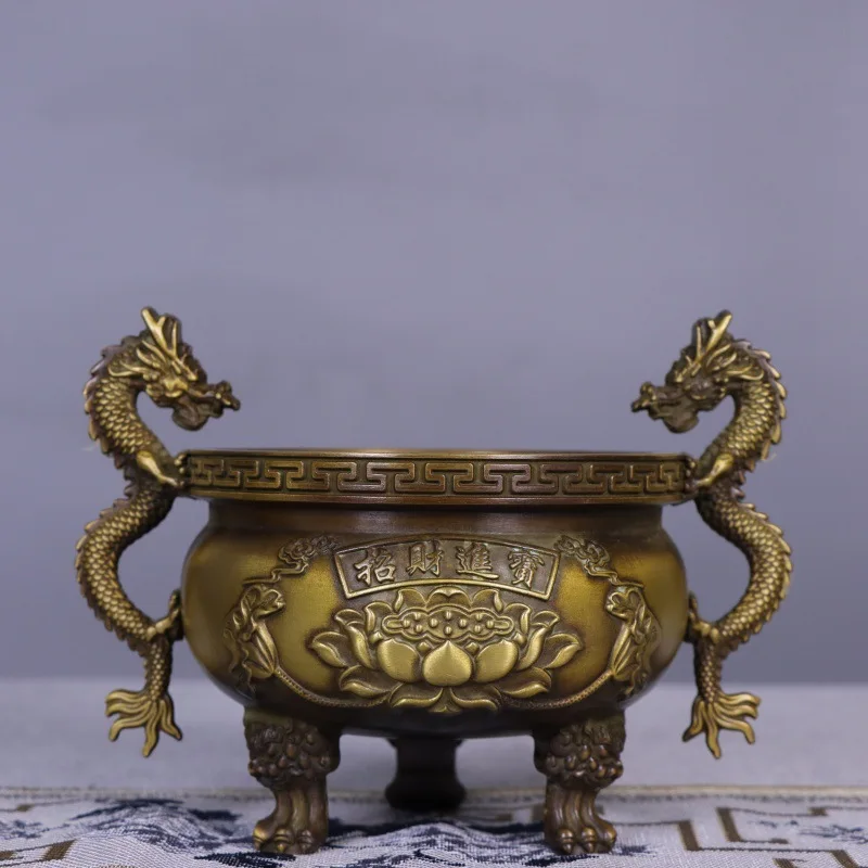 HYS pure copper incense burner household double dragon ear offering three-foot burner Buddhist offering household sandalwood