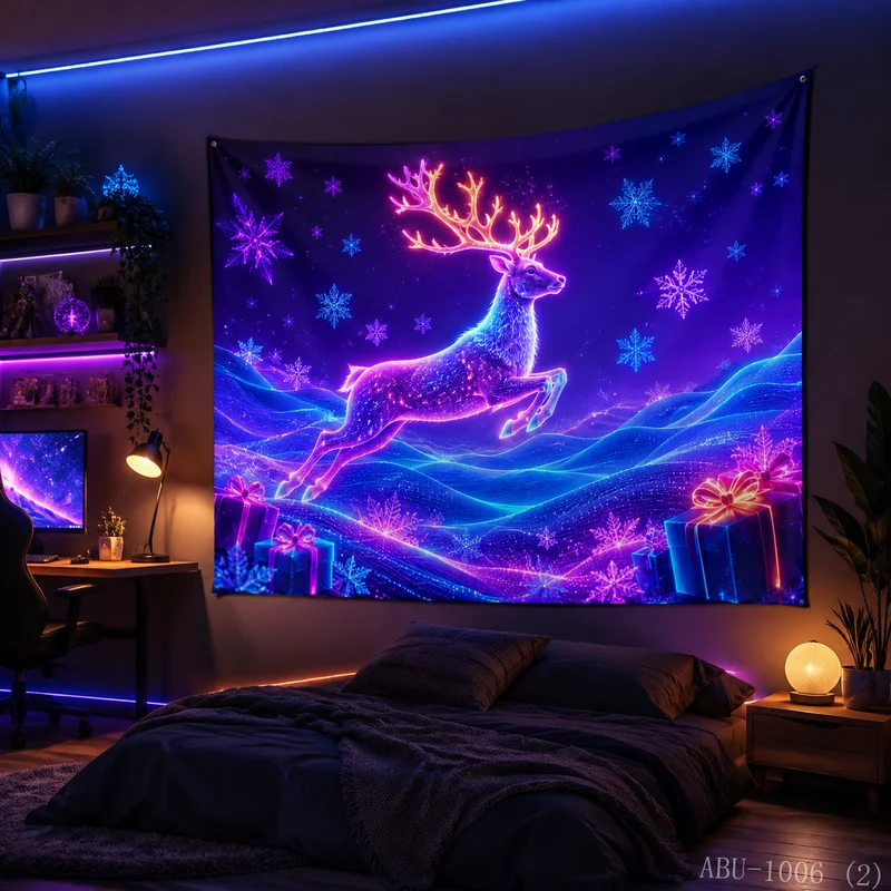 VIKAMA Neon Crystal Secret Realm Canyon Elk Christmas Tapestry HD Background Cloth Holiday Atmosphere Room Decoration