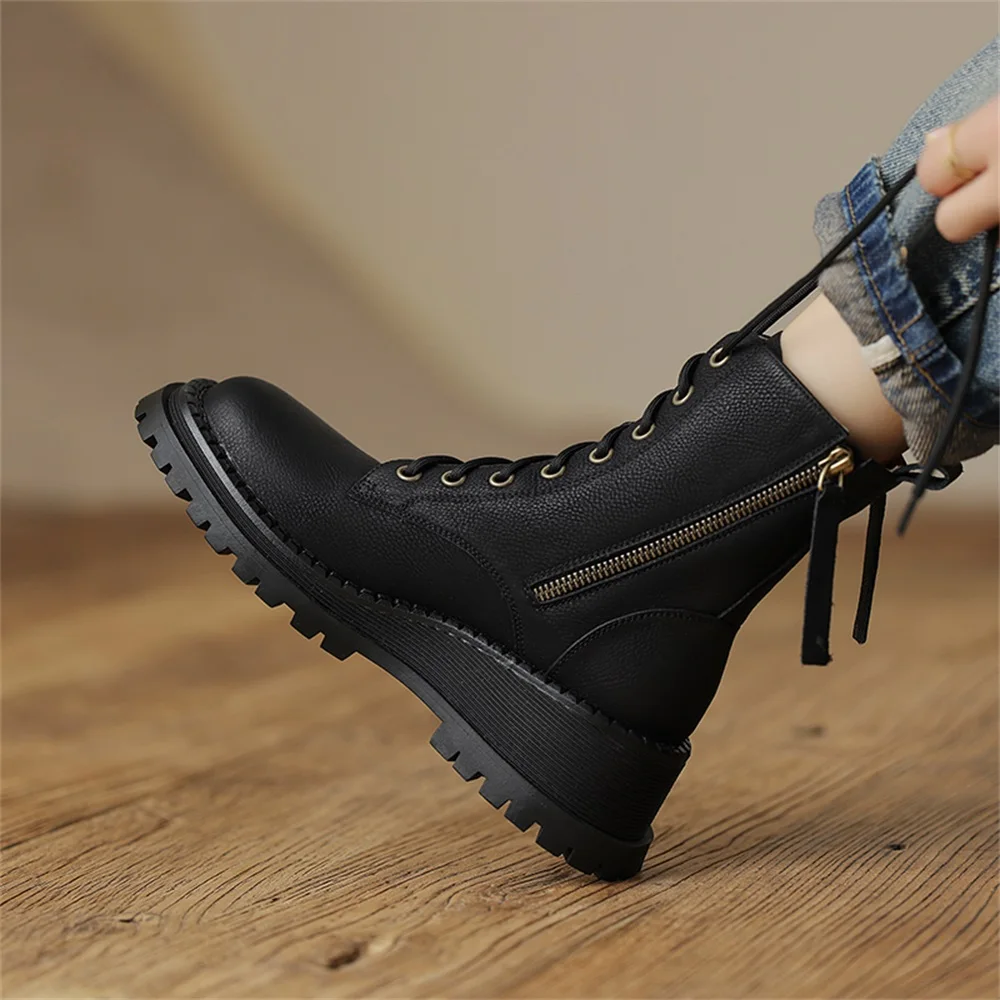 Taoffen Women Ankle Boots Genuine Leather Thick Sole Platform Lace Up Unisex Winter Flat Shoe Ladies Work Boots Fashion Designer