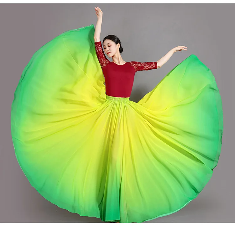 Women's 360-720 Degrees Big-hem Dance Skirts Gradient Color Chiffon Maxi Skirts Elastic-waist Elegant Square Dance A-line Skirts