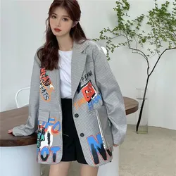 Plaid Graffiti Letters Blazer Women Casual Mid Length Suit Jacket Coat Female Autumn Loose Big Pocket Long Sleeve Ladies Blazers