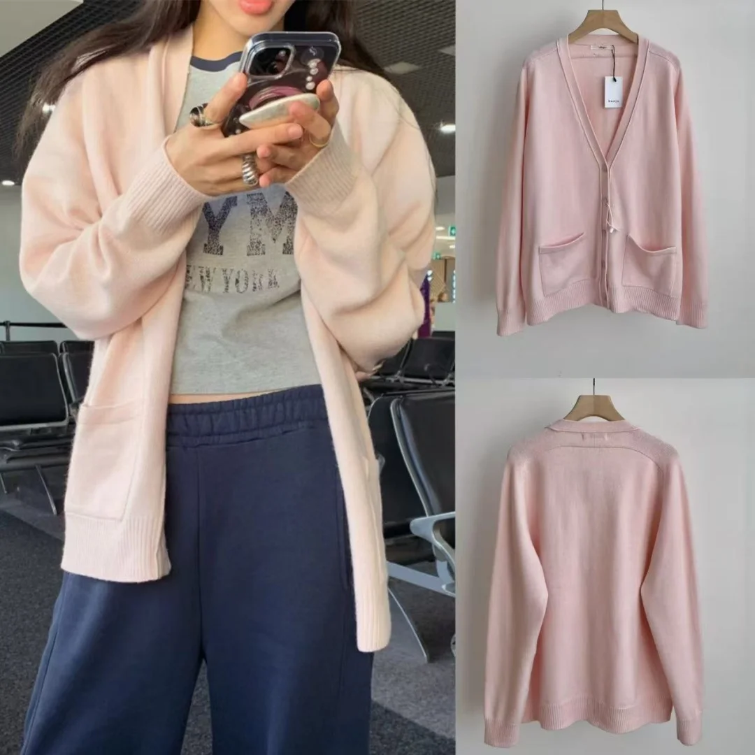 سترة نسائية محبوكة مفتوحة غير رسمية طويلة Sve V-Ne متوسطة الطول لون نقي للتنقل مع قبعات كبيرة كسول فايون #1