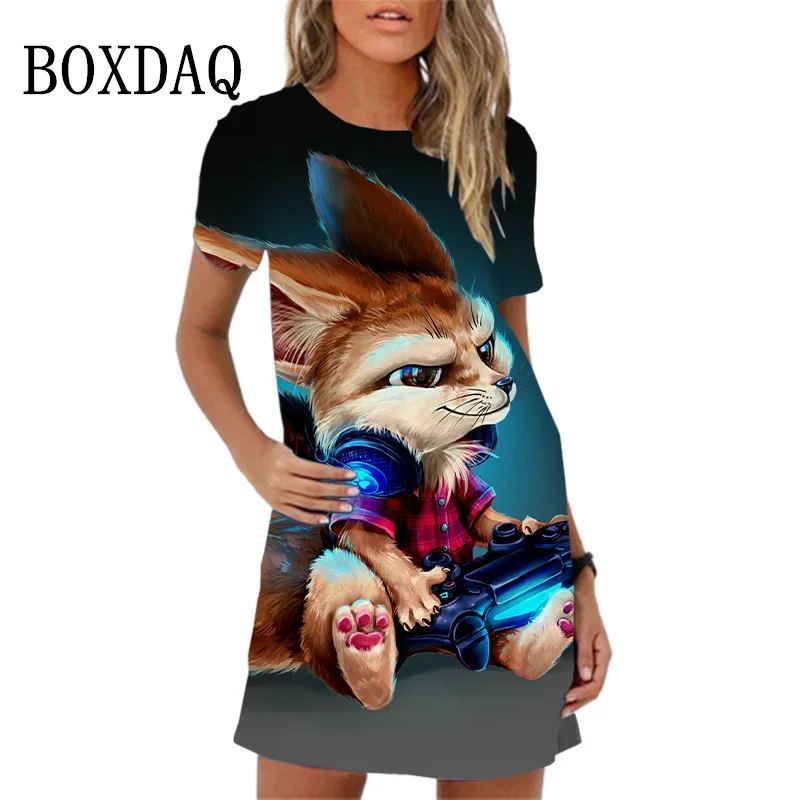 2024 New Women Spring Summer Dress Hip Hop Abstract 3D Cat Pattern Short Sleeve Mini Dress Casual O-Neck Loose Female Girl Dress