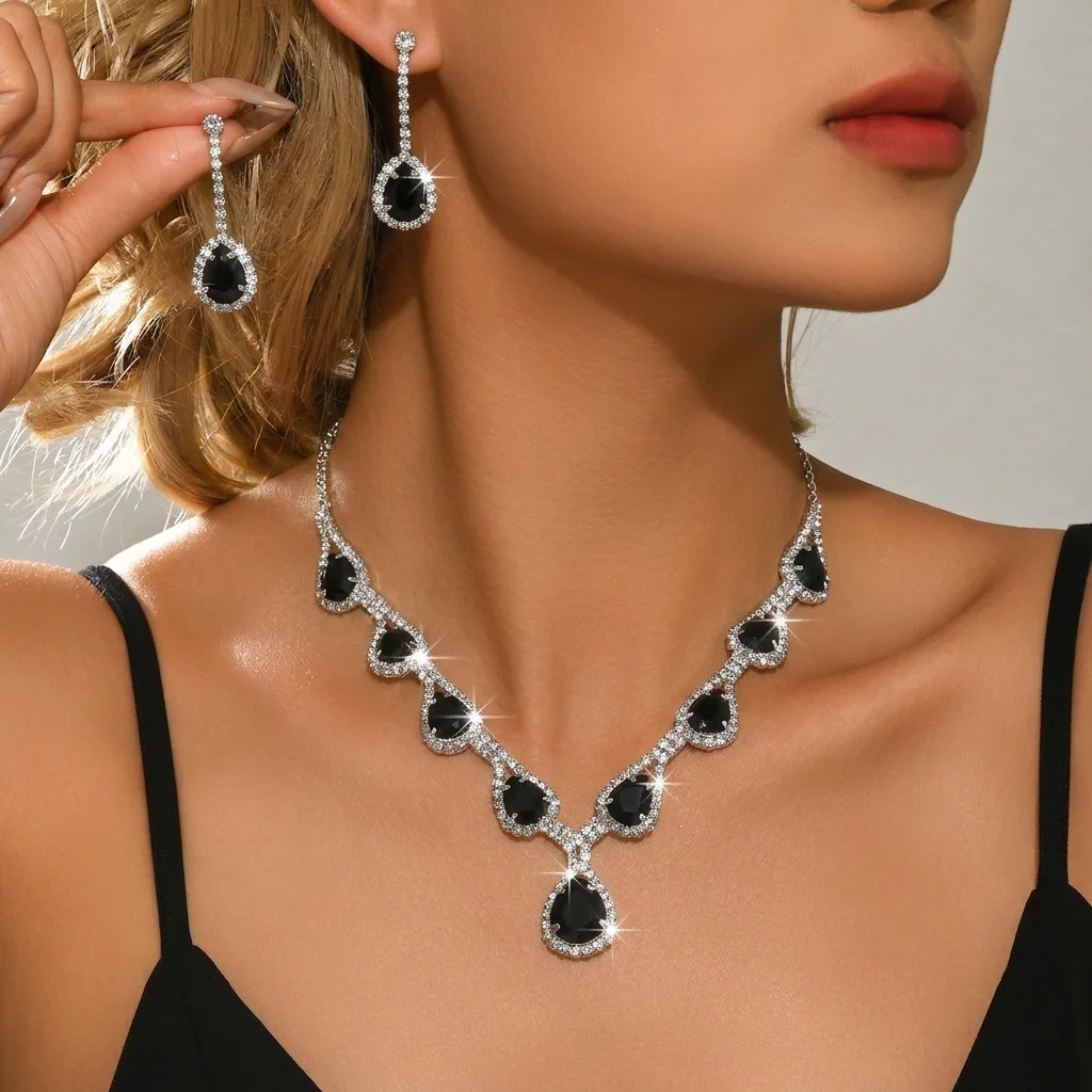 Korean Version Diamond Studded Water Droplet Earrings Necklace Ins Personalized and Versatile Light Luxury High-End Jewelry Set