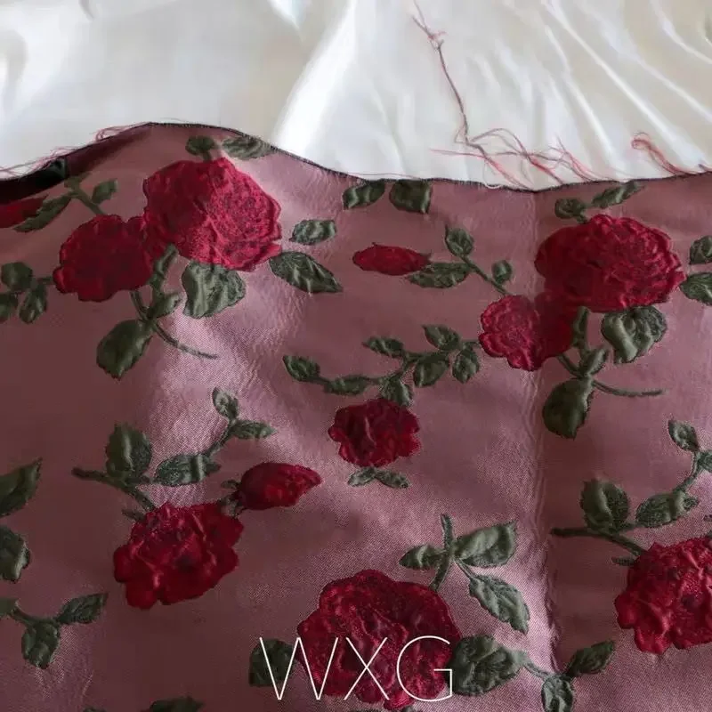 Rose jacquard fabric Dark red brocade three-dimensional rose bag DIY windbreaker fashion fabric fabric