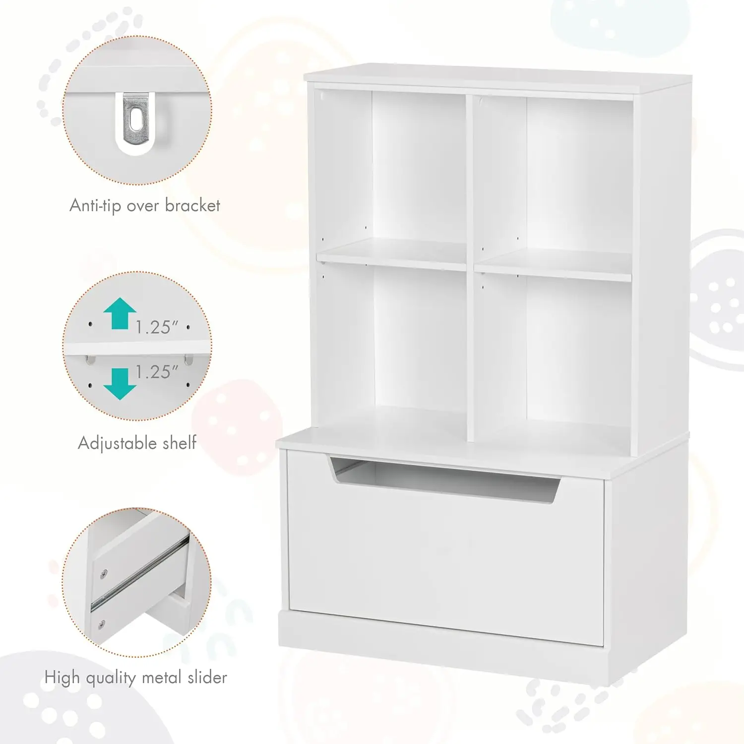 ชั้นวางหนังสือเด็กแบบปรับได้พร้อมลิ้นชัก ที่เก็บของเล่นสำหรับห้องนอน ห้องเด็กเล่น ห้องเด็กอ่อน สีขาว