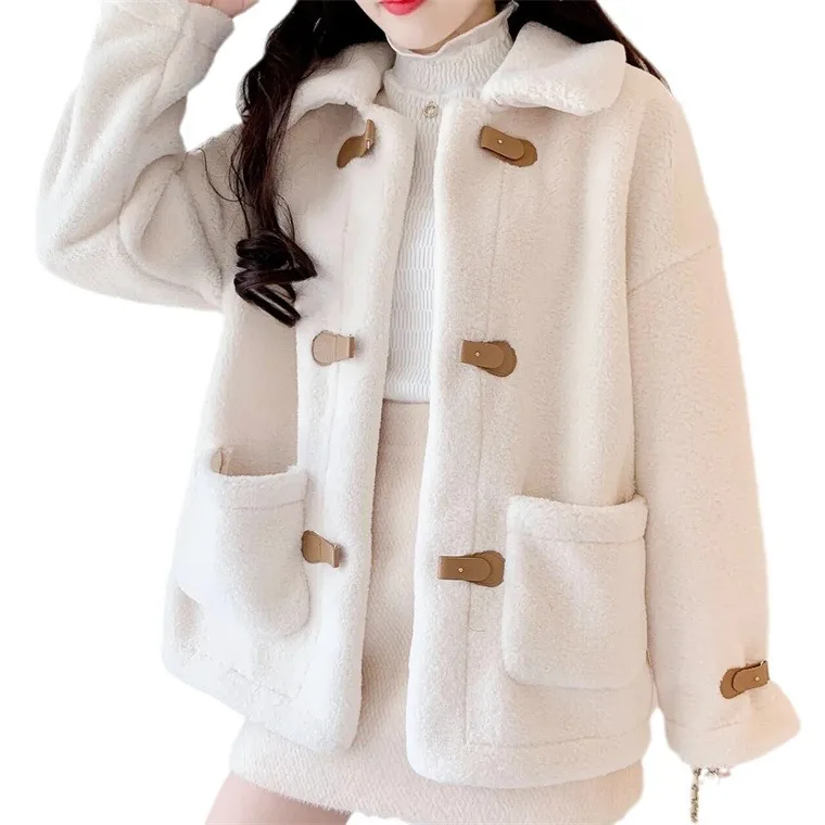 Autumn and Winter New Versatile Korean Version Loose and Short Imitation Lamb Wool Jacket Women’s Buttons Lamb Wool